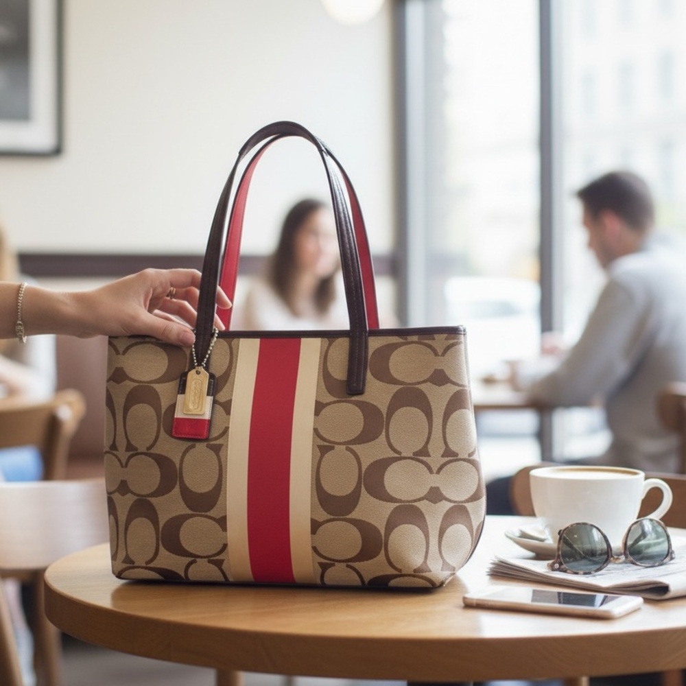 Coach Signature Tote with Red Stripe